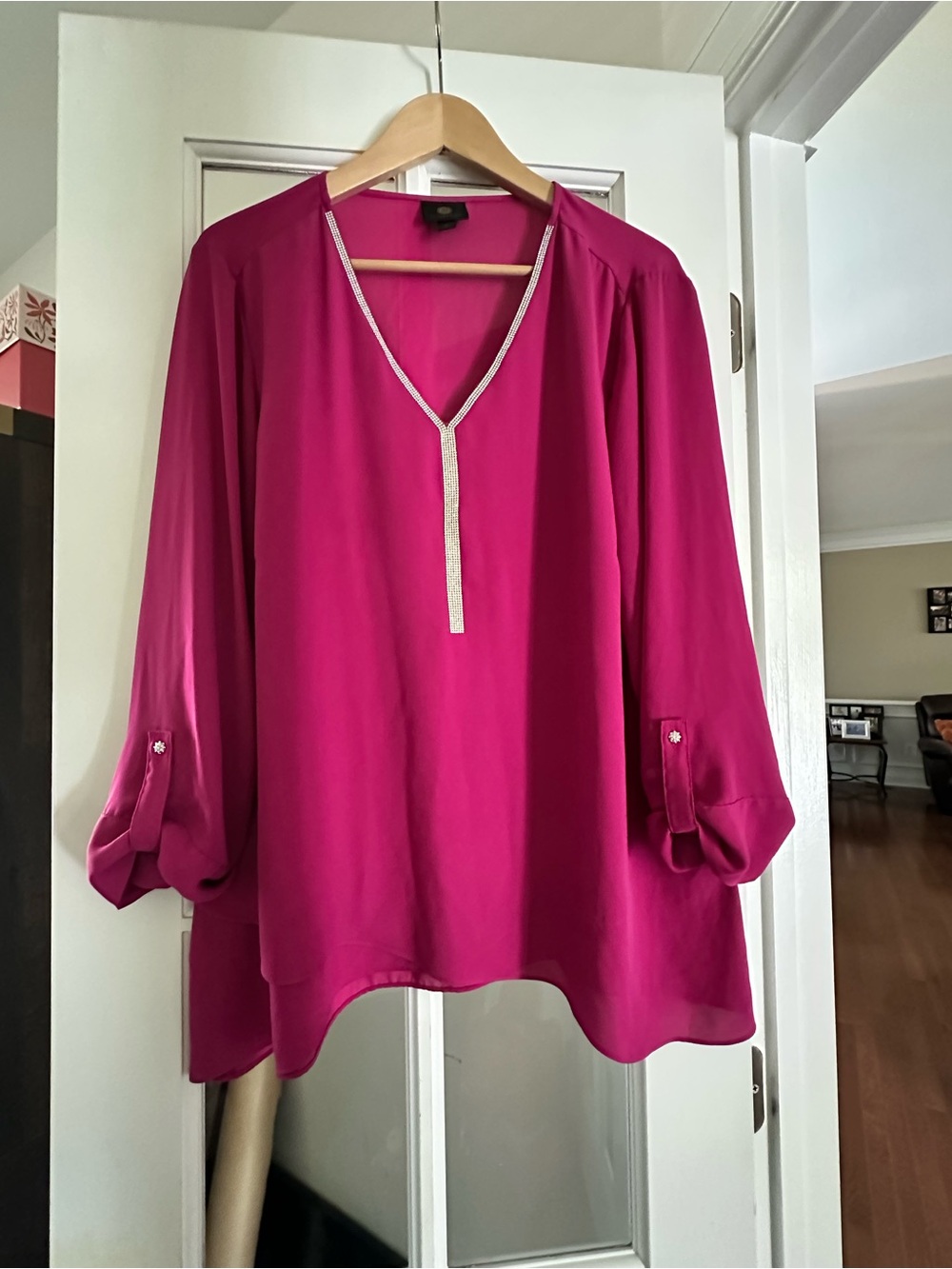 JM Collection Fuchsia V-Neck Blouse with Metallic Trim
